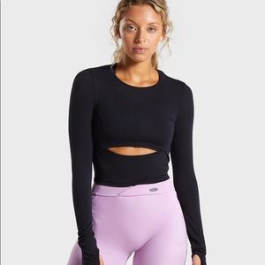 gymshark long sleeve crop top, open back, (black)